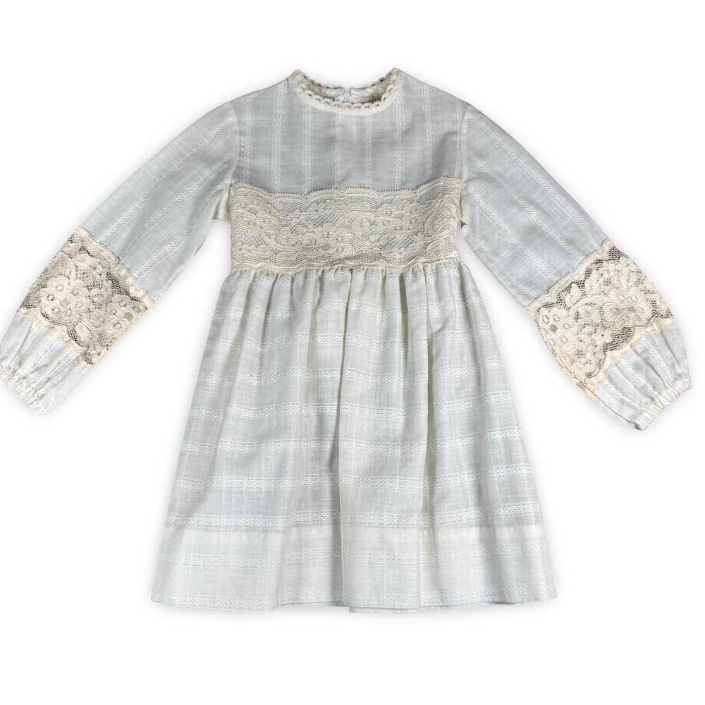 VTG Girls Cinderella Lace Eyelett Dress 6x Cream Prairie Dress Long Sleeve Ivory